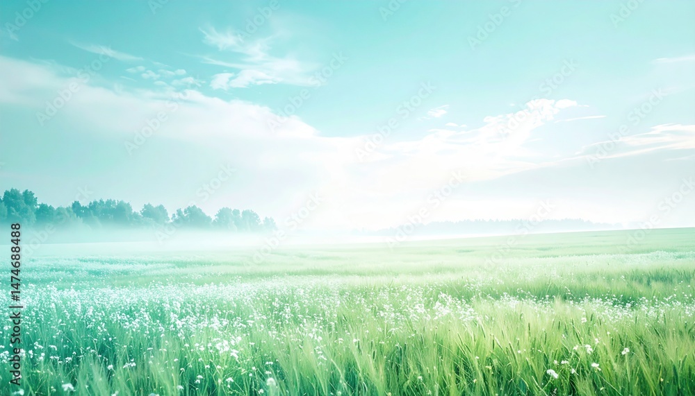 Naklejka premium Serene morning landscape tranquil meadow nature photography lush green environment wide-angle view peaceful atmosphere