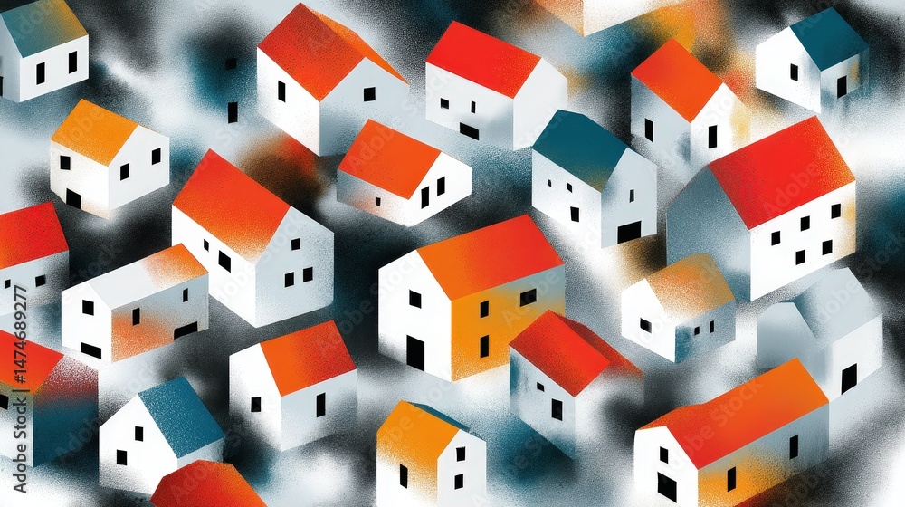 Colorful Abstract Village Scene with Geometric Houses and Contrasting Roofs and Background Effects Colorful Abstract Village Scene with Geometric Houses and Contrasting Roofs and Background Effects