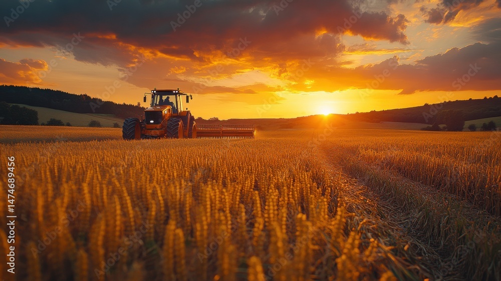 Fototapeta premium Tractor Harvesting Wheat Field at Sunset