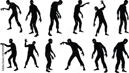 Creepy horde of zombie silhouettes in various walking and reaching poses for halloween