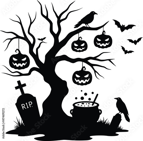 Halloween graveyard scene spooky tree with hanging pumpkins cauldron and gravestone