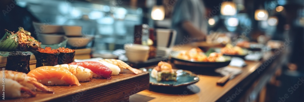 Sushi Bar Counter With Fresh Sushi Selection and a Vibrant Atmosphere in an Urban Setting During the Evening Sushi Bar Counter With Fresh Sushi Selection and a Vibrant Atmosphere in an Urban Setting During the Evening
