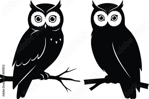 Two wise owl silhouettes perched on branches distinct black vector of nocturnal birds