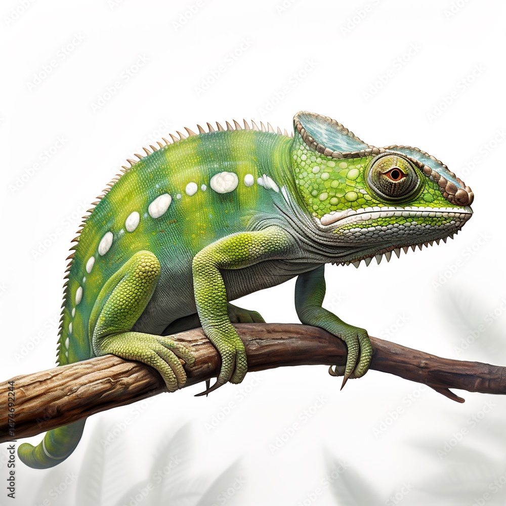 Obraz premium Vibrant chameleon blending flawlessly against a clean, crisp white backdrop