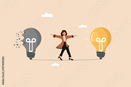 Balancing Innovation Businesswoman Walking on a Tightrope Between a Broken, Gray Light Bulb Representing Old Ideas and a Bright, Yellow Light Bulb Symbolizing New Solutions.