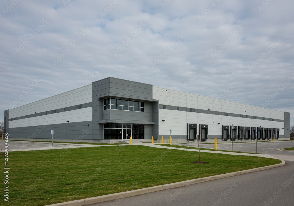 Exterior view of a large gray and white warehouse building with loading docks and a green lawn area Exterior view of a large gray and white warehouse building with loading docks and a green lawn area