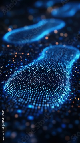 Digital footprints illuminated in blue with glowing particles on a dark background creating a futuristic ambiance