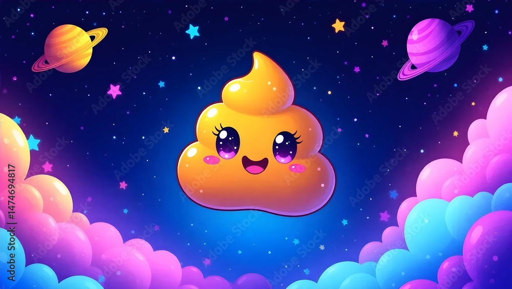 Fototapeta premium Cute Cartoon Poop Character in a Cosmic Night Sky