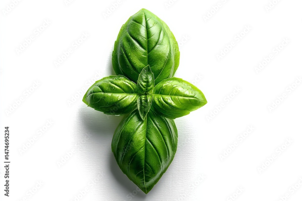 Fototapeta premium Fresh basil leaves arranged in a symmetrical pattern on a white background showcasing their vibrant green color and texture