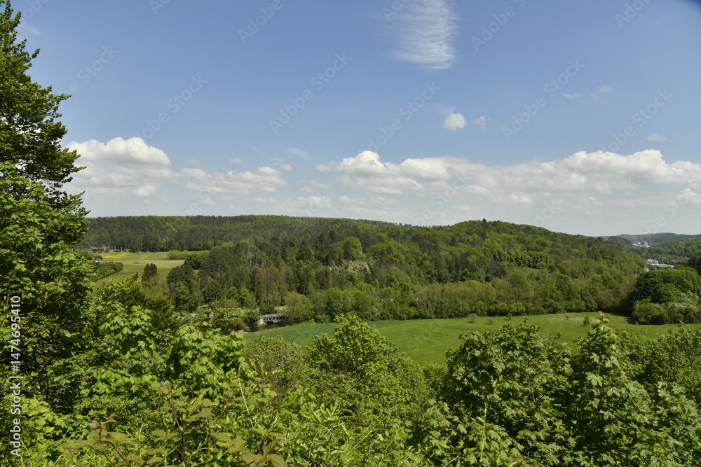 Fototapeta premium La vallée de la Lomme sous un ciel bleu à Rochefort (Dinant)