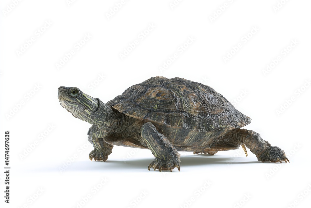 Naklejka premium A turtle slowly makes its way across a white background.