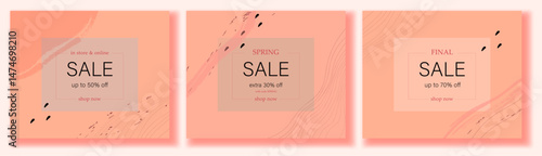 Set of web templates for spring sale. Vector illustration in pastel pink colors with graphical and abstract elements.