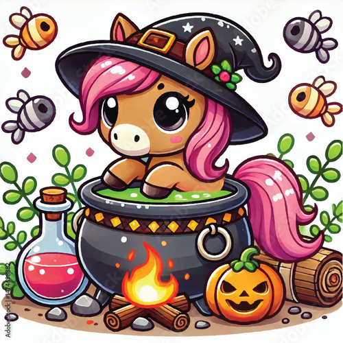 Cute Horse with Cauldron Poison Cartoon Vector Icon Illustration
