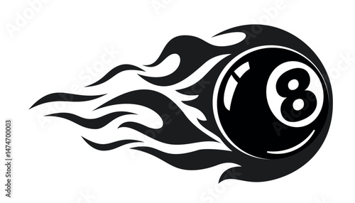 Fire billiard black ball icon. Burning eighth ball for pool. Vector logo design element on transparent background
