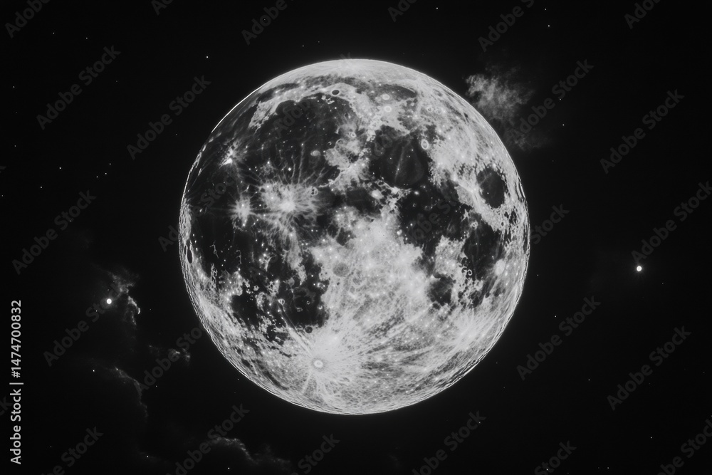 Fototapeta premium Full moon in a night sky. Detailed view of lunar surface with craters and subtle variations in light and shadow. Sparse stars and faint clouds around the moon