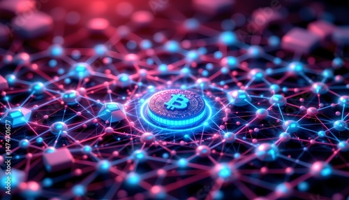 3d illustration, blockchain network, low poly triangles grid, interconnected glowing blue nodes, abstract internet munication, radiant pink light, shimmering rays, panoramic view, isometric, polished