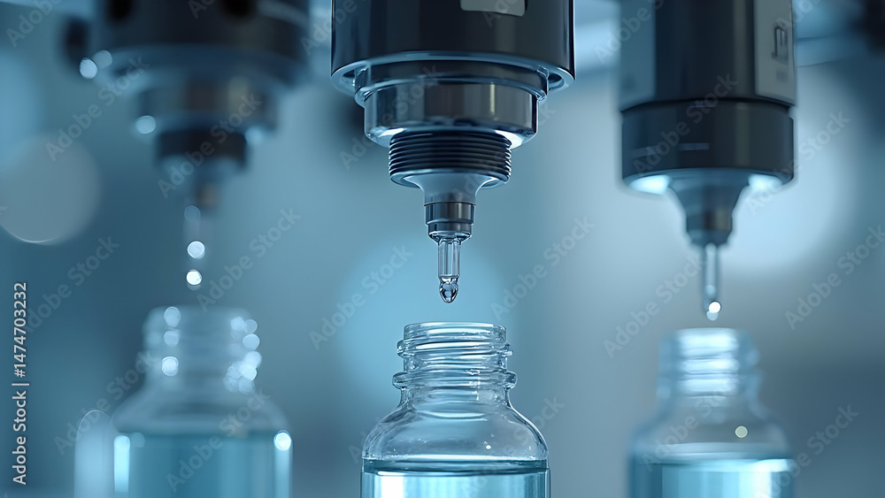 Automated Eye Drop Manufacturing System with High-Precision Dosing Pumps Filling Sterile Bottles Showing Moment of Droplet Formation Automated Eye Drop Manufacturing System with High-Precision Dosing Pumps Filling Sterile Bottles Showing Moment of Droplet Formation