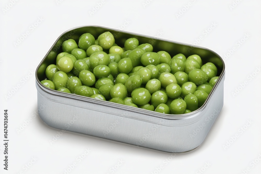 A metal container filled with fresh, vibrant green peas. A metal container filled with fresh, vibrant green peas.