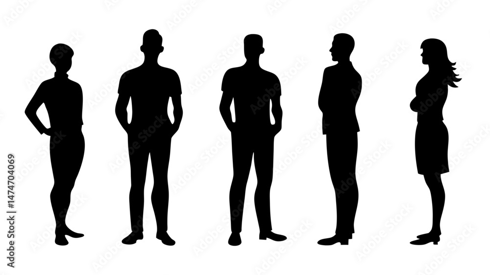 Silhouettes of men and a women.A group of standing business people. Silhouettes of men and a women.A group of standing business people.