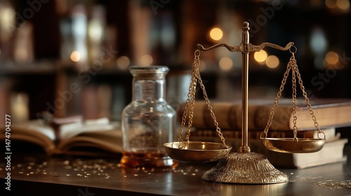 Scales of Justice in Library. Law concept of Judiciary, Jurisprudence and Justice. Copy space.Based on Generative AI photo
