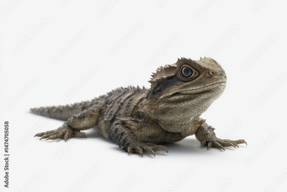 Obraz premium Close-up of a young tuatara lizard on a white background.