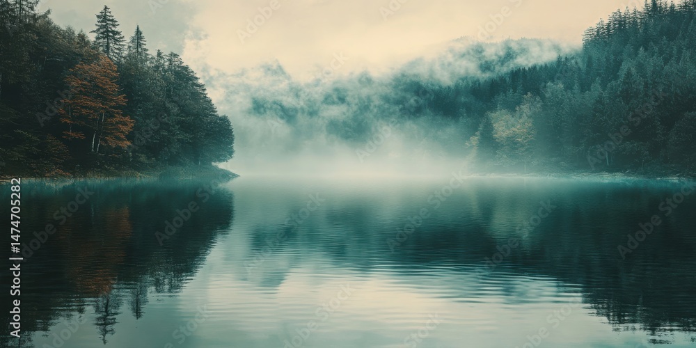 Fototapeta premium Foggy Lake Reflections with Trees and Mountains