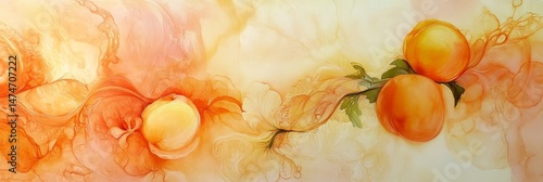 Three peaches with leaves on a branch against an abstract orange background.