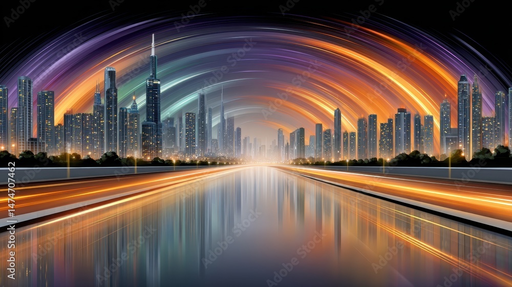 Obraz premium Colorful Light Trails Illuminating a Neon-Lit City Skyline at Dusk