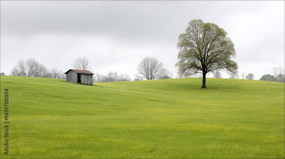 Obraz premium Lush Green Meadow with Rustic Shed and Majestic Tree Under Overcast Sky in Spring Season