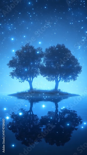 Serene Twin Trees under Starry Sky: Two majestic trees, illuminated by twinkling stars, stand gracefully on a tranquil isle, reflected beautifully in the calm water below.