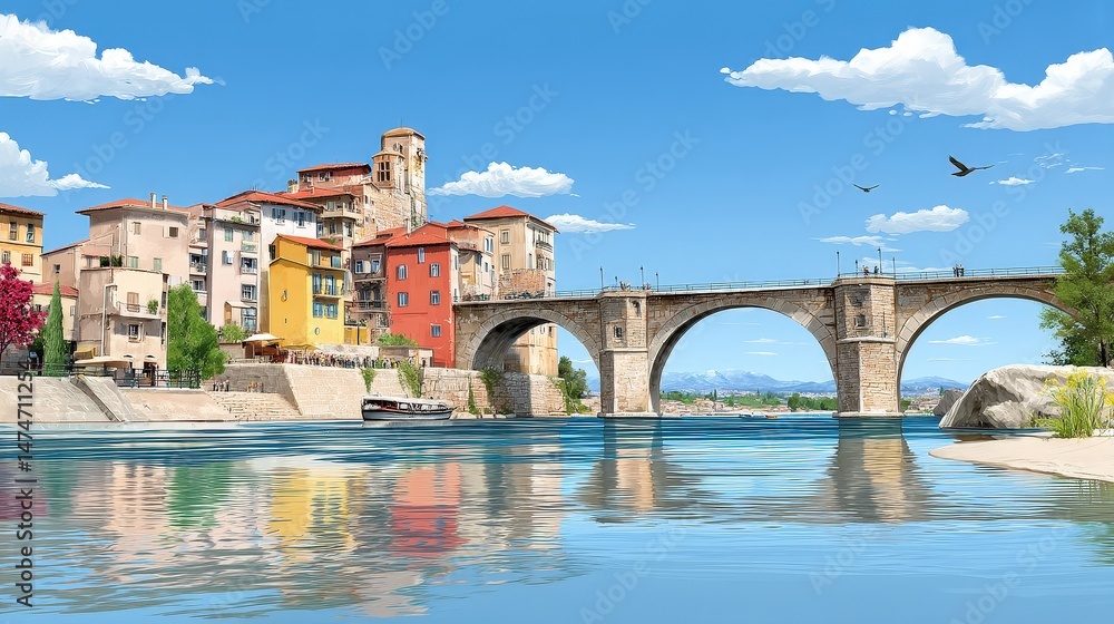 Naklejka premium Scenic riverside view with historic bridge and colorful buildings under bright blue skies