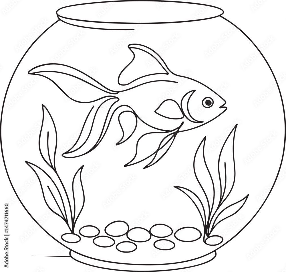 Naklejka premium Goldfish in Bowl Minimalist Line Art Vector
