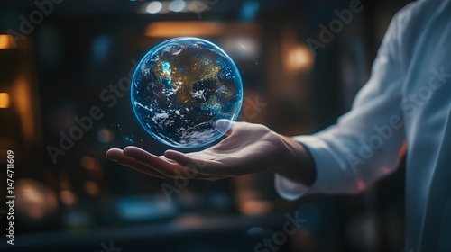 Innovative entrepreneur presenting a glass globe in a modern environment highlighting global perspectives and ideas