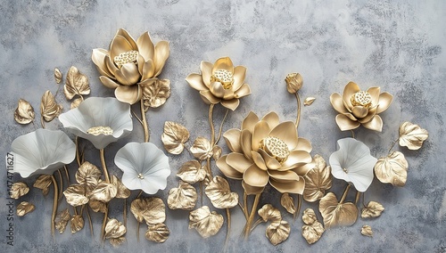 Gold And White Lotus Flowers On Grey Background