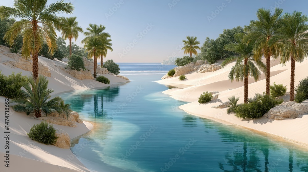 Fototapeta premium Aerial View of Serene Remote Desert Oasis Featuring Lush Palm Trees and Tranquil Water