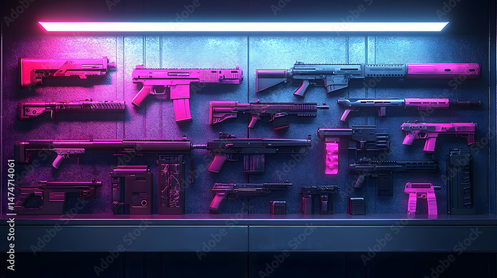 Fototapeta premium Futuristic firearms display neon pink blue lighting sci fi weapons collection