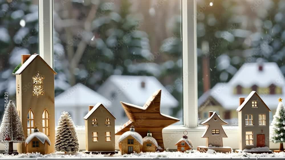 Simple Elegant DIY Christmas Decorations in Scandinavian Natural Style arranged on a windowsill. Cozy Winter Banner. Snowy View. Wooden Ornaments. Aesthetic Xmas Craft. Trendy Farmhouse Decor Idea.