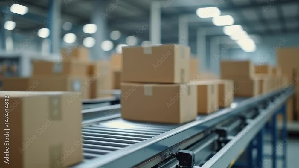Cardboard Boxes on Conveyor Belt in Automated Logistics Center Cardboard Boxes on Conveyor Belt in Automated Logistics Center