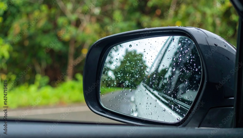 Raindrops on car side mirror scenic road nature photography lush green environment close-up view travel concept Raindrops on car side mirror scenic road nature photography lush green environment close-up view travel concept