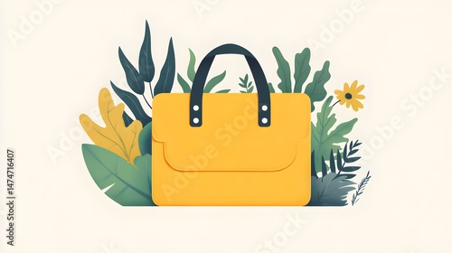 Stylish yellow handbag surrounded by lush greenery digital artwork indoor setting bright and fresh concept