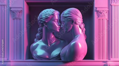 Emotional sculpture of two women embracing art gallery digital artwork contemporary environment close-up view love concept