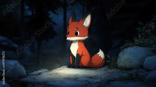A charming animated fox sits on a rock in a dimly lit forest, exuding a sense of curiosity and wonder, This image can be perfect for children's books, nature themes, or animation projects, photo
