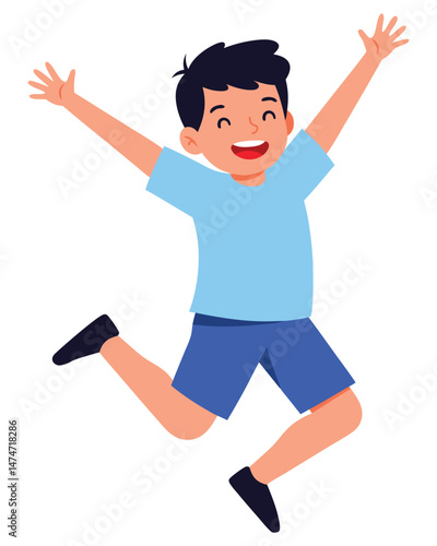 Joyful Boy Jumping with Excitement in a Bright Blue Shirt and Shorts, Celebrating Fun Moments