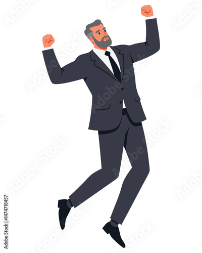 Joyful Businessman in Suit Jumping with Excitement and Celebrating Success and Achievement