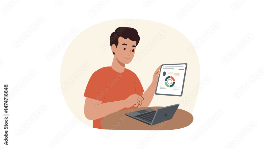 Illustration of Young Professional Reviewing Data on Tablet and Laptop Illustration of Young Professional Reviewing Data on Tablet and Laptop