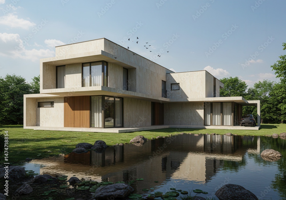 Fototapeta premium Modern house with pond and trees reflecting in the water on a sunny day with birds flying above