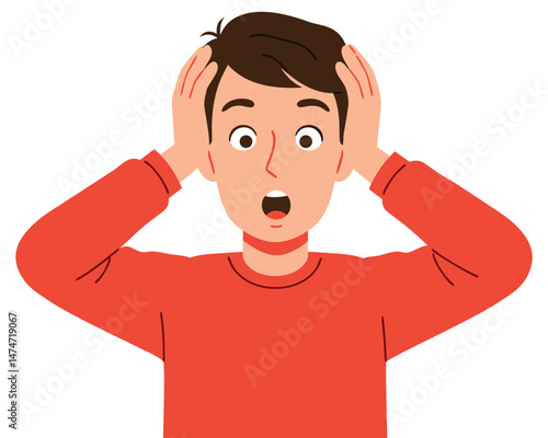 Young man in red sweater showing shocked expression with hands on head and wide open eyes