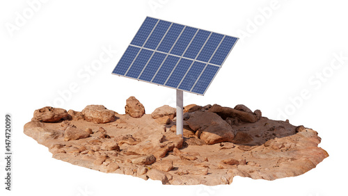 Solar panel on Mars surface. Solar energy concept for a Martian base. Isolated on a white background. 3D illustration.