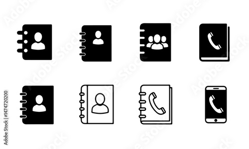 A set of eight black and white icons representing contact books or address books and telephones, in various styles (solid and outline).