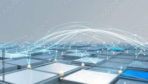 Abstract visualization of interconnected smart devices forming a dense mesh network with glowing nodes and dynamic links, placed over a neutral background to convey clean futuristic connectivity